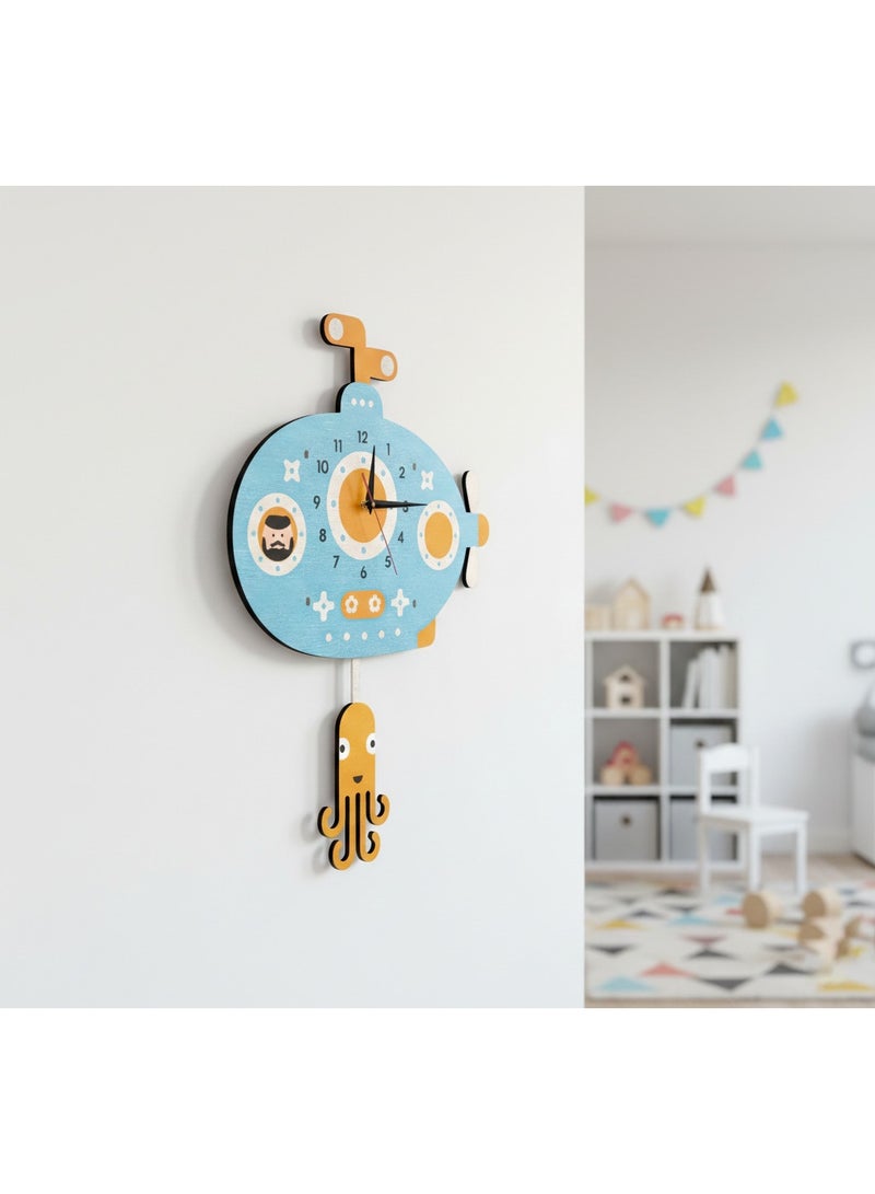 A wall clock with a moving pendulum in the shape of a submarine, featuring an attractive design, reliable quality, soothing colors, silent movement, and easy hanging to suit all tastes. - Image 2